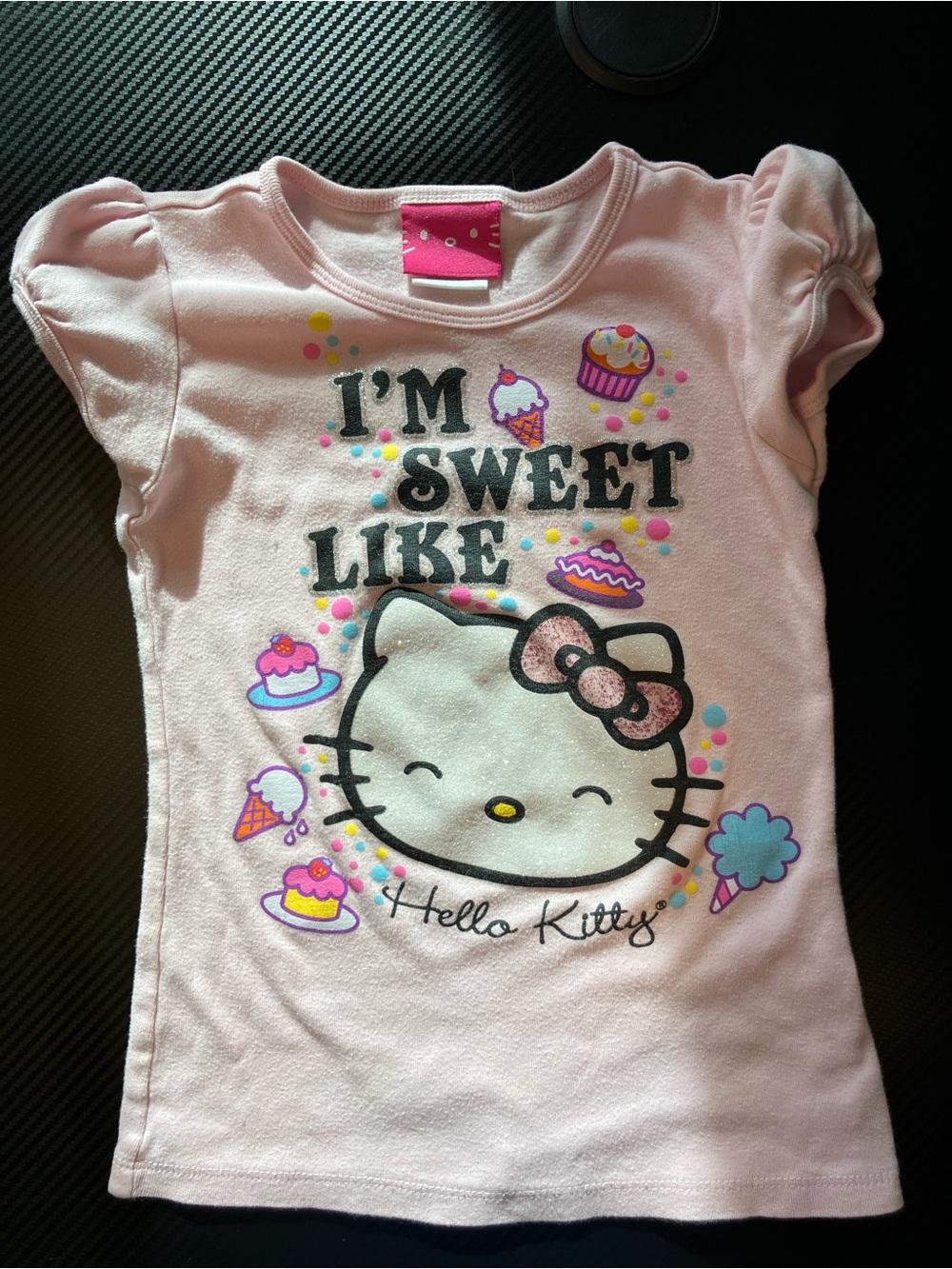 Hello Kitty Pink Short Sleeve Tee with Sparkle Bow & Dessert Print